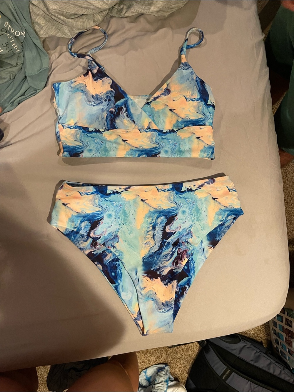 SHEIN Blue and Peach Marble Print Bikini Set